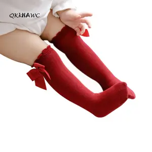 Baby Girls Cotton Long Socks Solid Color Big Bow Knee High Stocking Cute Lacework Princess Leg Warmer Floor Slipper