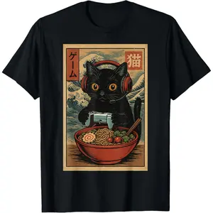 Cute Kawaii Gamer Cat Funny Ramen Retro Japanese Cat Gaming T-Shirt Medium Fitted Crew Neck Short Sleeve Summer 100% Cotton Classic Round Neckline Double-Needle Stitching