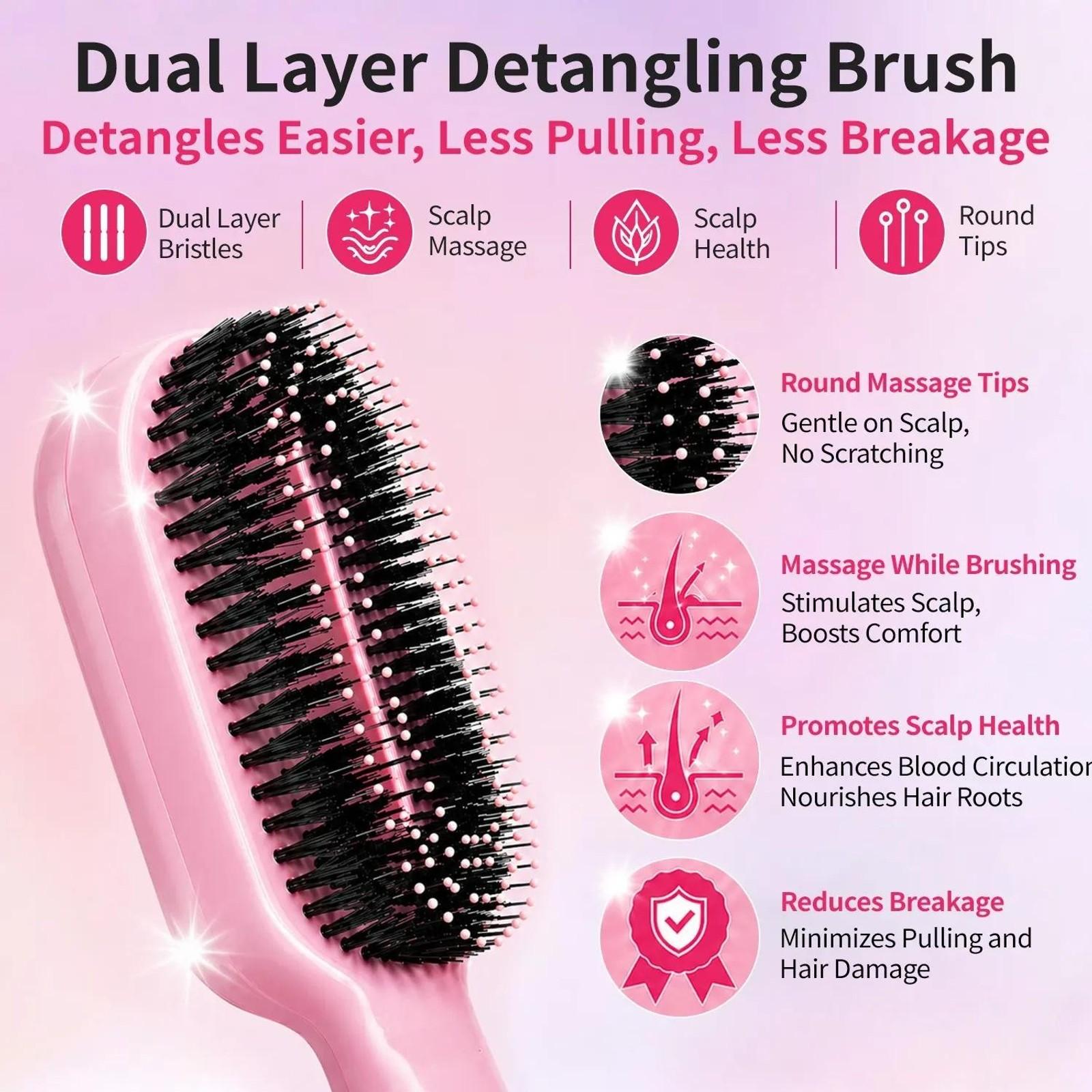 3-in-1 Mist Spray Hair Brush - Anti-Frizz Ionic Detangling Comb with Refillable 55ml Water Tank, Dual Bristle Design with Massage Tips for Dry, Curly & Thick Hair, Effortlessly Untangle Knotted Hair