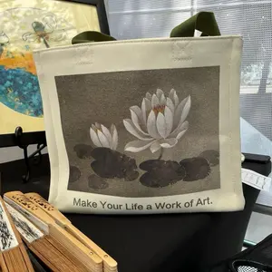 cotton art tote bags with Alice's Original Asian style painting print on.  Double cotton thick.cotton liner. Three pockets, Zippers. Stands up. Canvas bag, school bag, shopping bag, Vacation bags.  37×32×12cm   15×13×5 inches