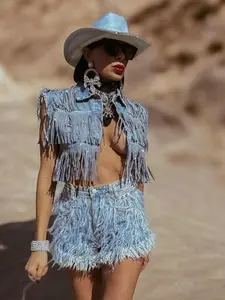 Fringe Denim Jacket Rhinestone Fringe Vest Western Diamond Fringe Jacket Country Girl Cowgirl Jacket Barn Wedding Bridal Outfit Breathable Casual Denim with Crystal Rhinestone Fringes