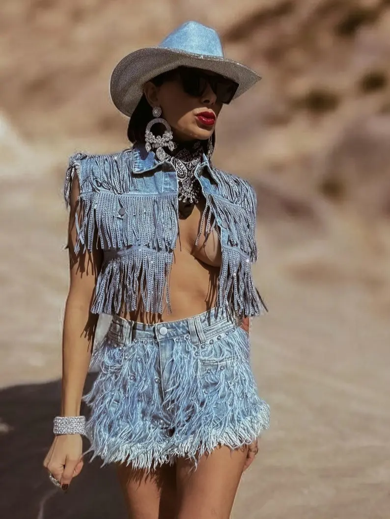 Fringe Denim Jacket Rhinestone Fringe Vest Western Diamond Fringe Jacket Country Girl Cowgirl Jacket Barn Wedding Bridal Outfit Breathable Casual Denim with Crystal Rhinestone Fringes