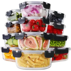 24-Piece Glass Food Storage Containers with Lids, Glass Meal Prep Containers with Leak-Proof Snap Lock Lids, Sealed Lunch Boxes for Kitchen Storage (12 Lids and 12 Containers) - Black