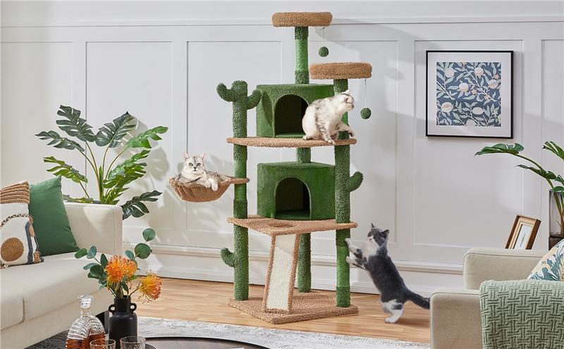 Yaheetech Cactus Cat Tree, 66in Cat Tower for Indoor Cats, Multi-Level Cat Tree with Large Condos & Ramp, Pet Play House with Padded Perch, Platforms, Basket & Hanging Ball, Green/Brown