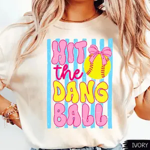 Comfort Colors Funny Game Day Softball Mom Team Sport Hit The Dang Ball Shirt, Vintage Coquette Bow Softball Season Swing Batter Batter Graphic Tee