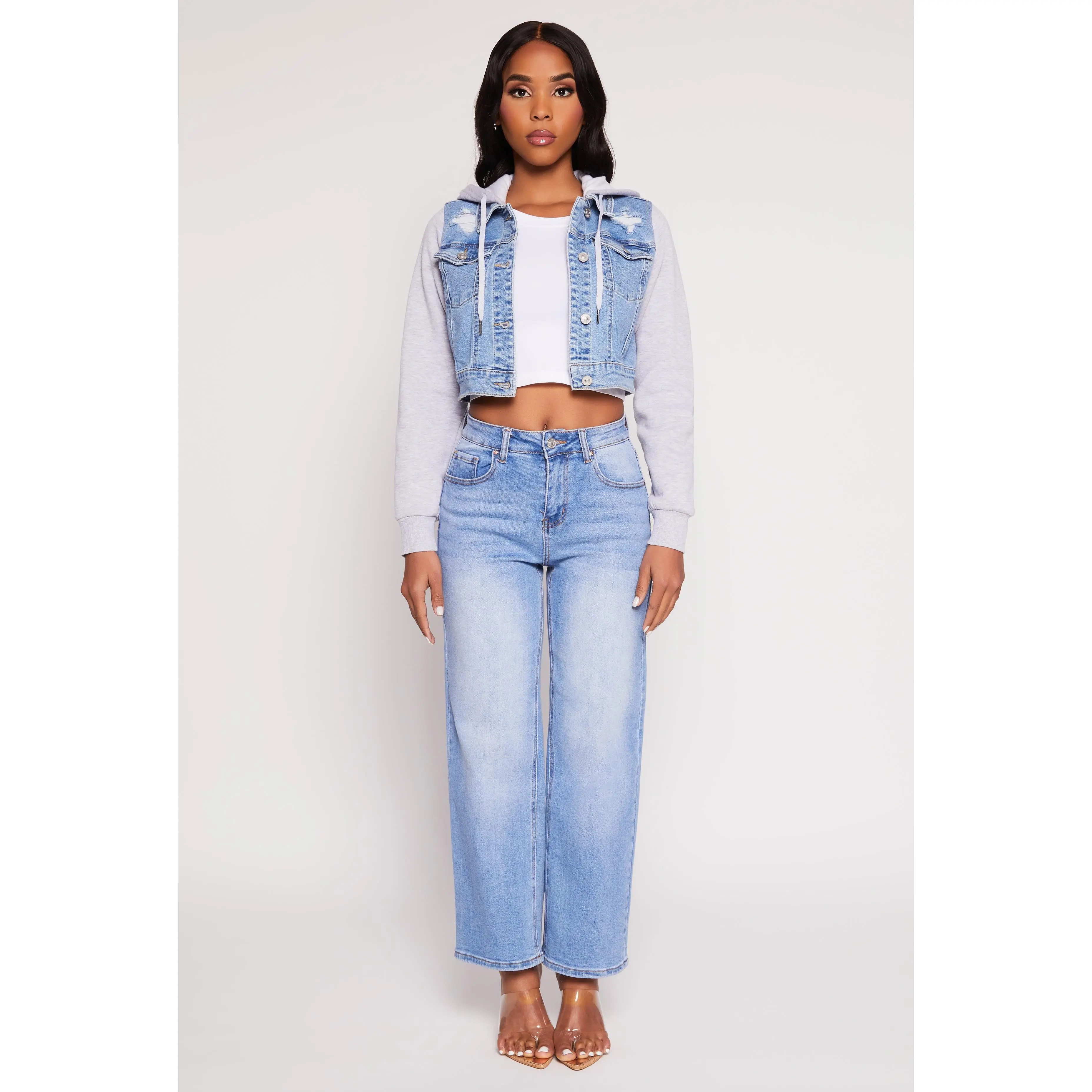 WAX Distressed Hooded Jean Jacket