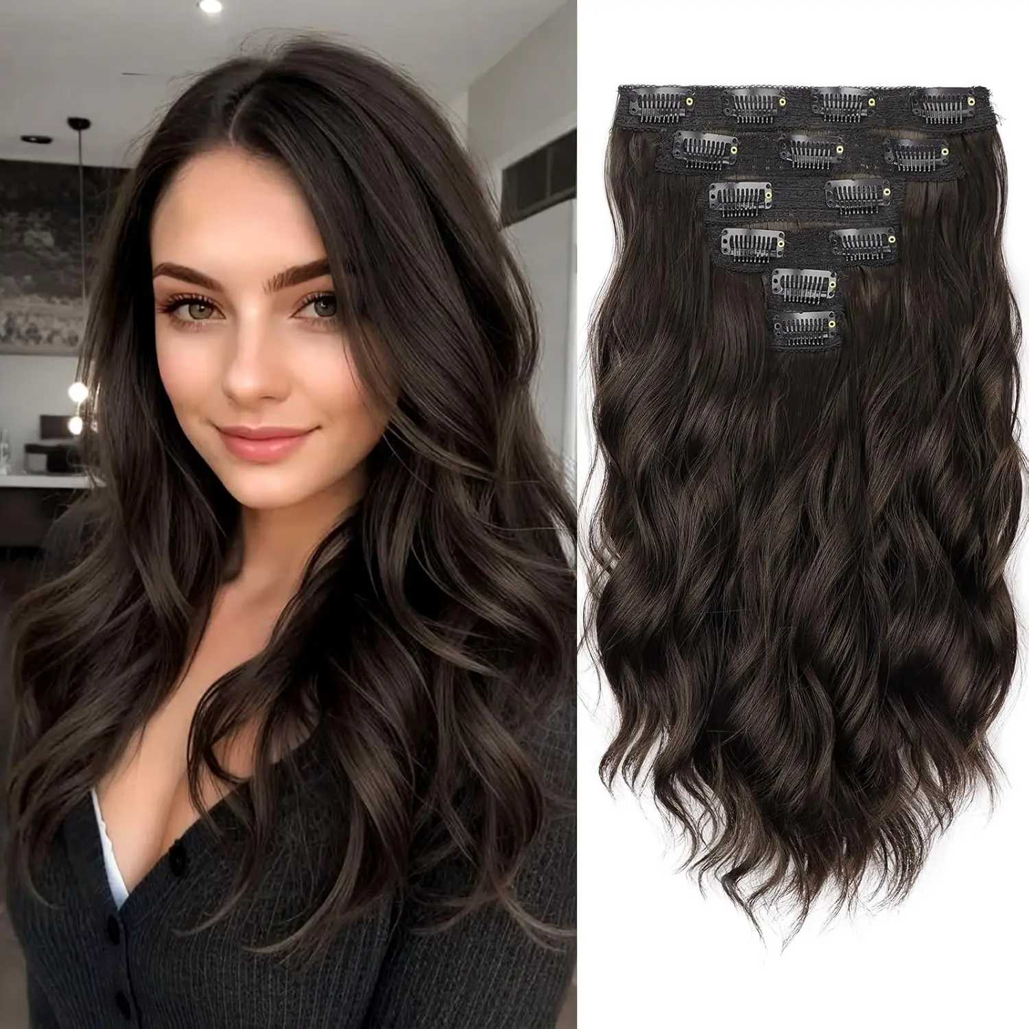 Wavy Curly Clip in Hair Extensions, 14 Inch 140g 6-Piece Synthetic Hairpieces for Women, Adds Volume, 6/8 Chestnut Brown, Clip Hair Extensions, Female, Full Installation, Glueless, Heat Resistant, Instant Length And Thickness, 6# Dark Brown