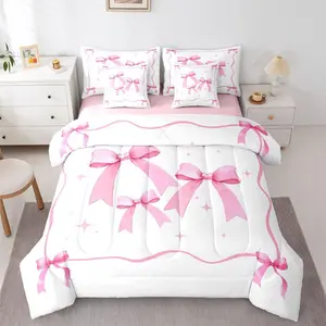 Girls Pink Ribbon Bow Bedding Set,7 Piece Cute Coquette Bow Tie Comforter Bed Set with Sheets,Kids Teen,Princess Bowtie Bed Bag,Kawaii Preppy Bows Sheet