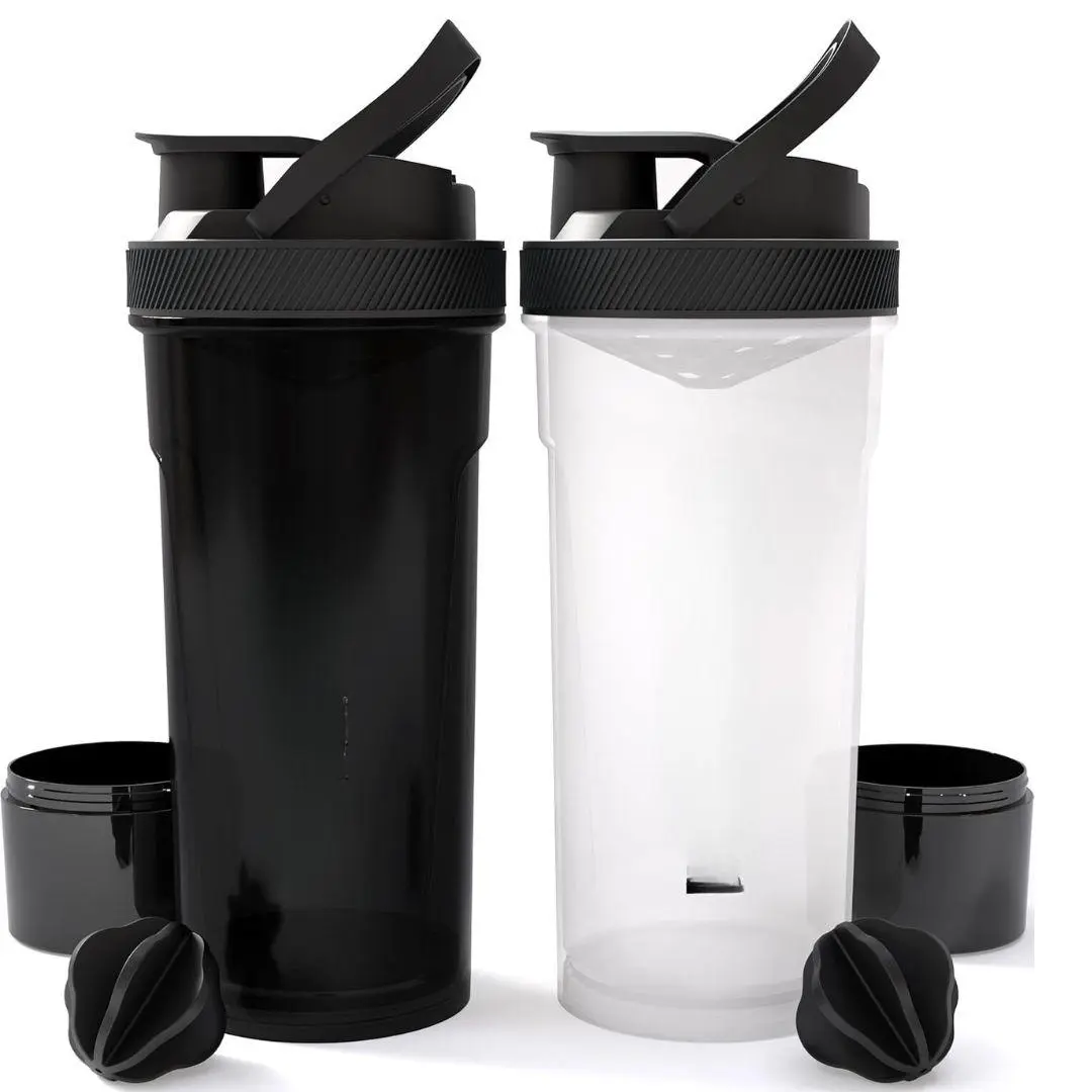 Shaker Bottle 2 Pack - 24 Ounce Plastic Protein Shaker Bottle for Pre & Post workout with Twist & Lock Protein Box Storage (All Black & Clear/Black)