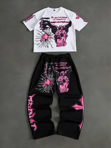 & Print Cotton T-Shirt and Pants Set, Fitted, Comfortable Home Wear, Casual Daily Style, Spring & Fall Fashion