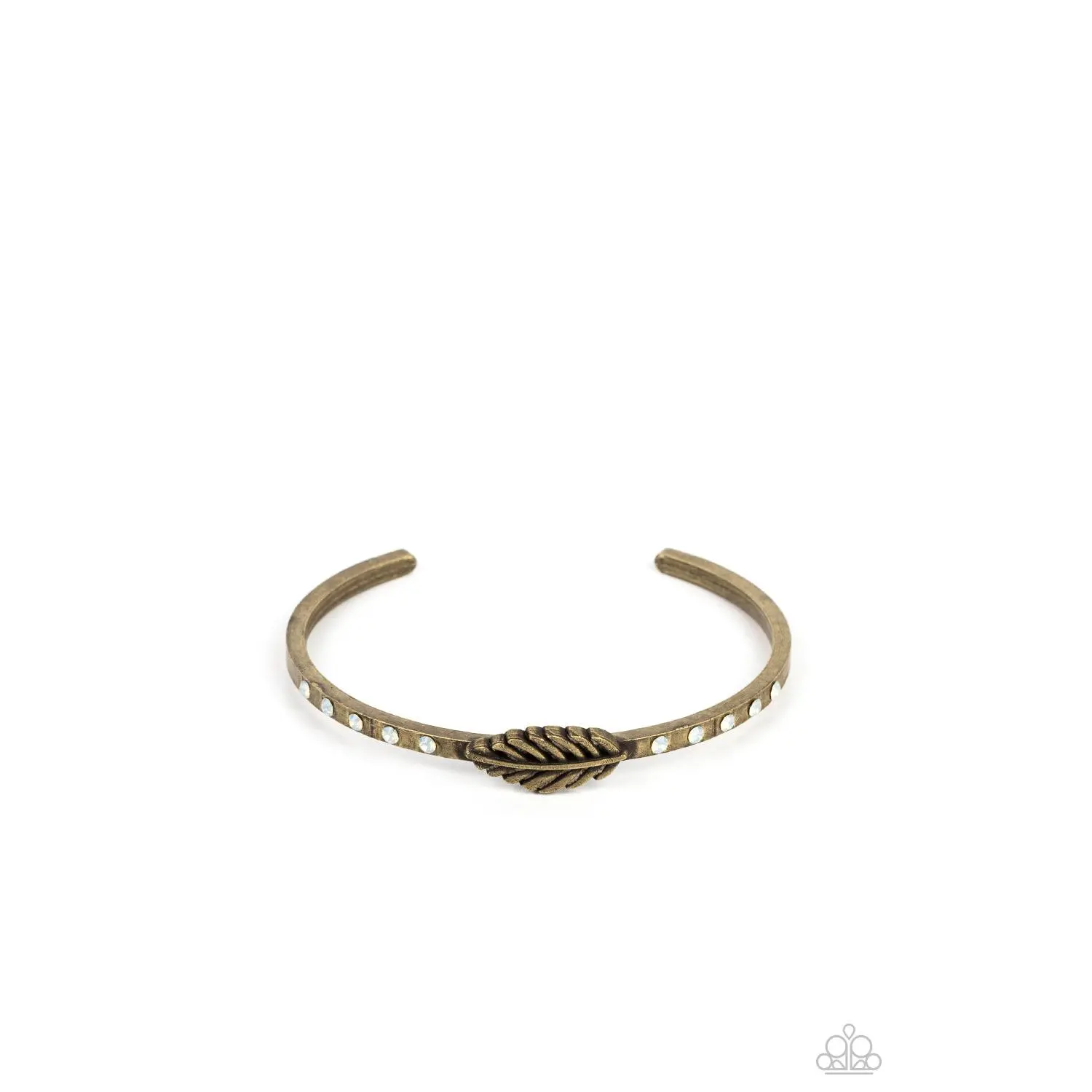 Free-Spirited Shimmer - Brass Feather Opal Rhinestone Cuff Bracelet - Paparazzi
