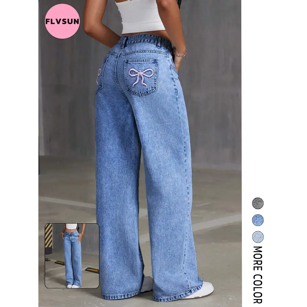 Flvsun Pants for Women, Embellished Bowknot Mid-Rise Straight-Leg Non-Stretch Casual Denim Trousers, Light Wash Streetwear Bottoms with Pockets, Lady, Thanksgiving, Minimalist, Outdoors, Holiday, Mid Waist, Cotton, Classic, Fashion, Jeans