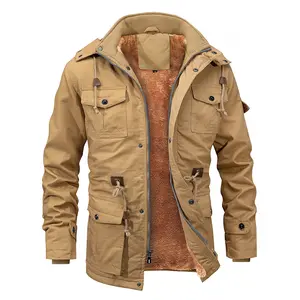 INVACHI Men's Cotton military jackets Fleece Lined Work Coats Warm Cargo Jackets with Hooded