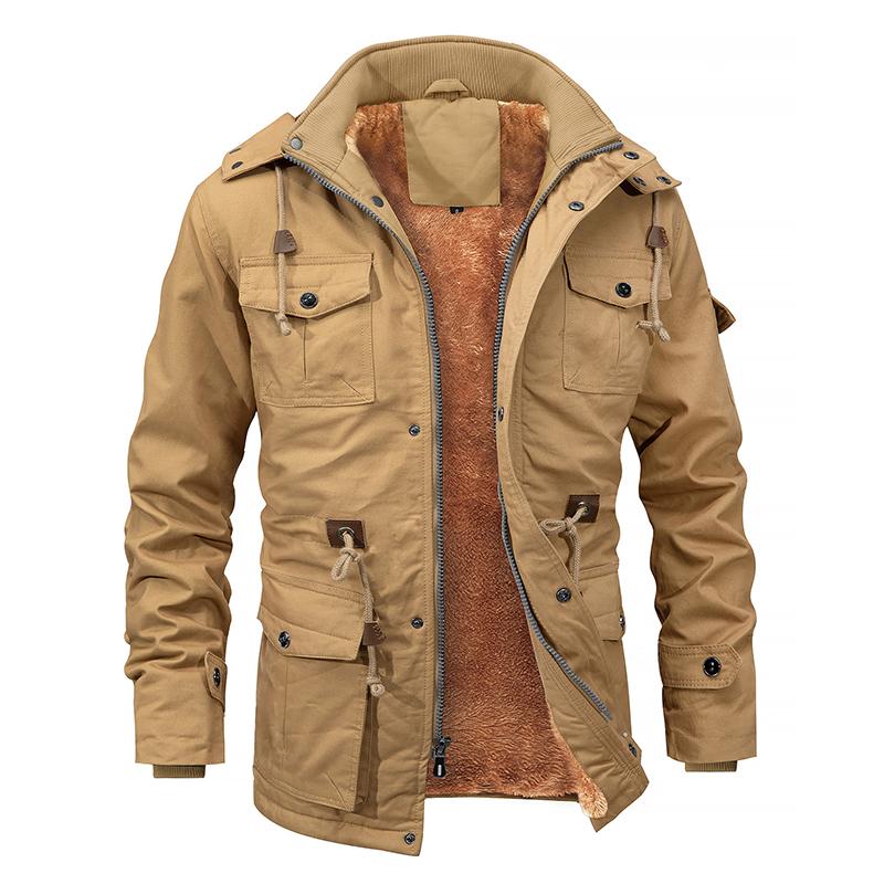 INVACHI Men's Hooded Military Cotton Jacket - Menswear Long-Sleeve Casual Outerwear, Warm Fleece-Lined Plain Work Coat with Cargo Pockets, Zipper Front, Black/Army Green, Hood for Extra Warmth, Available in 2XL, Casual Jacket
