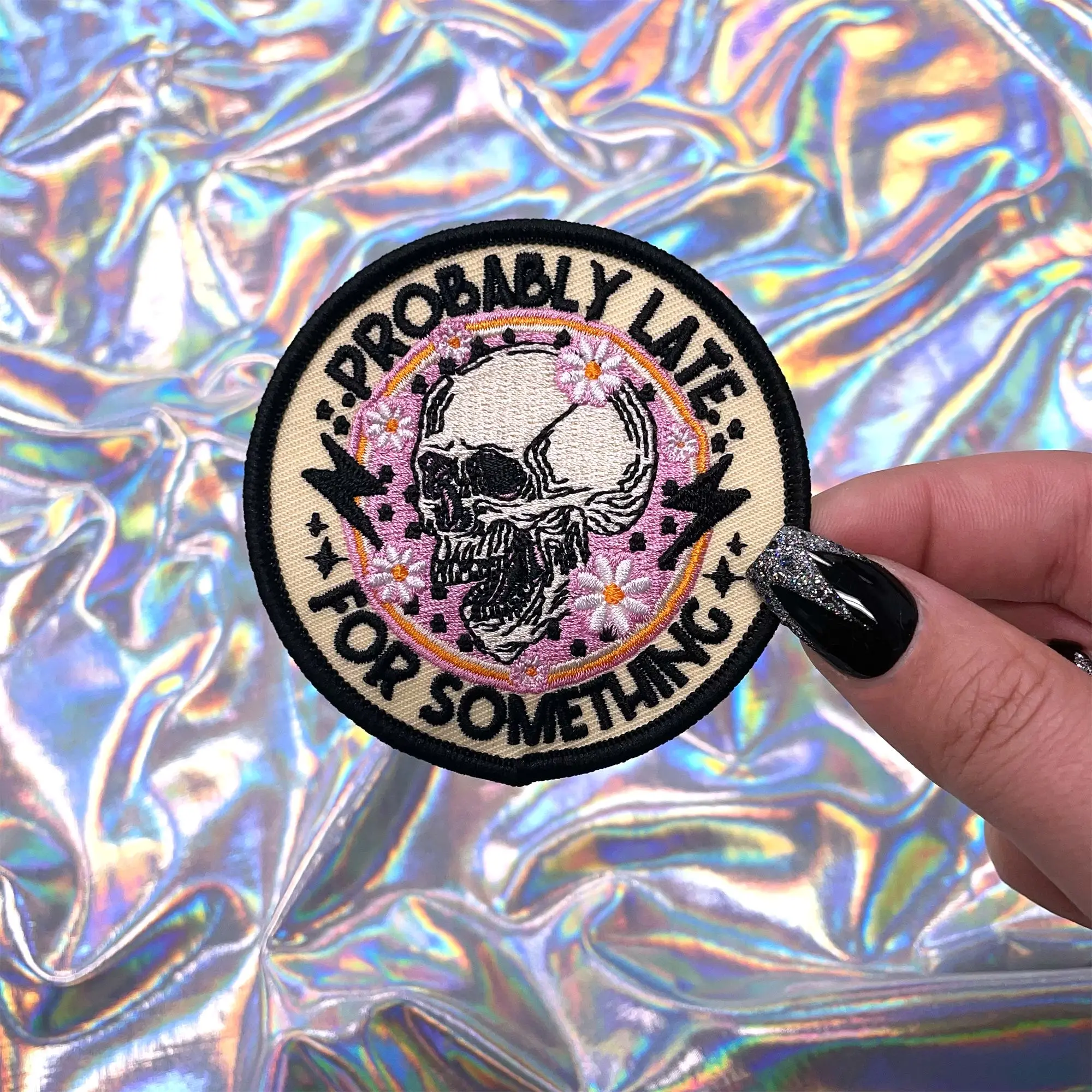 Probably Late for Something Skull Patch Iron-On for Hats