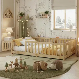 DUXELIFIN ull Size Floor Bed with Rails and Door,Montessori Floor Bed Frame with Slats,Full Wood Kids Beds with Fence,No Box Spring Needed, Natural