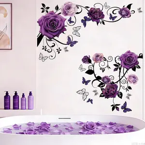 Purple Rose Wall Decals for Bedroom Watercolor Floral Wall Stickers Living Spring Butterfly Flower Removable Purple Wall Art Decal Delicate Peel and Stick Sticker TV Back Wallpaper Decoration