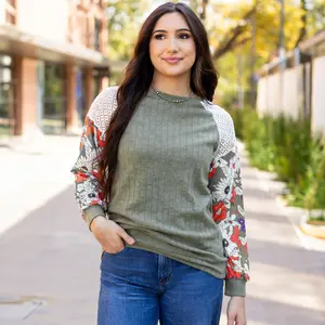 Floral Patchwork Regular & Plus Size Long Sleeve Ribbed Blouse