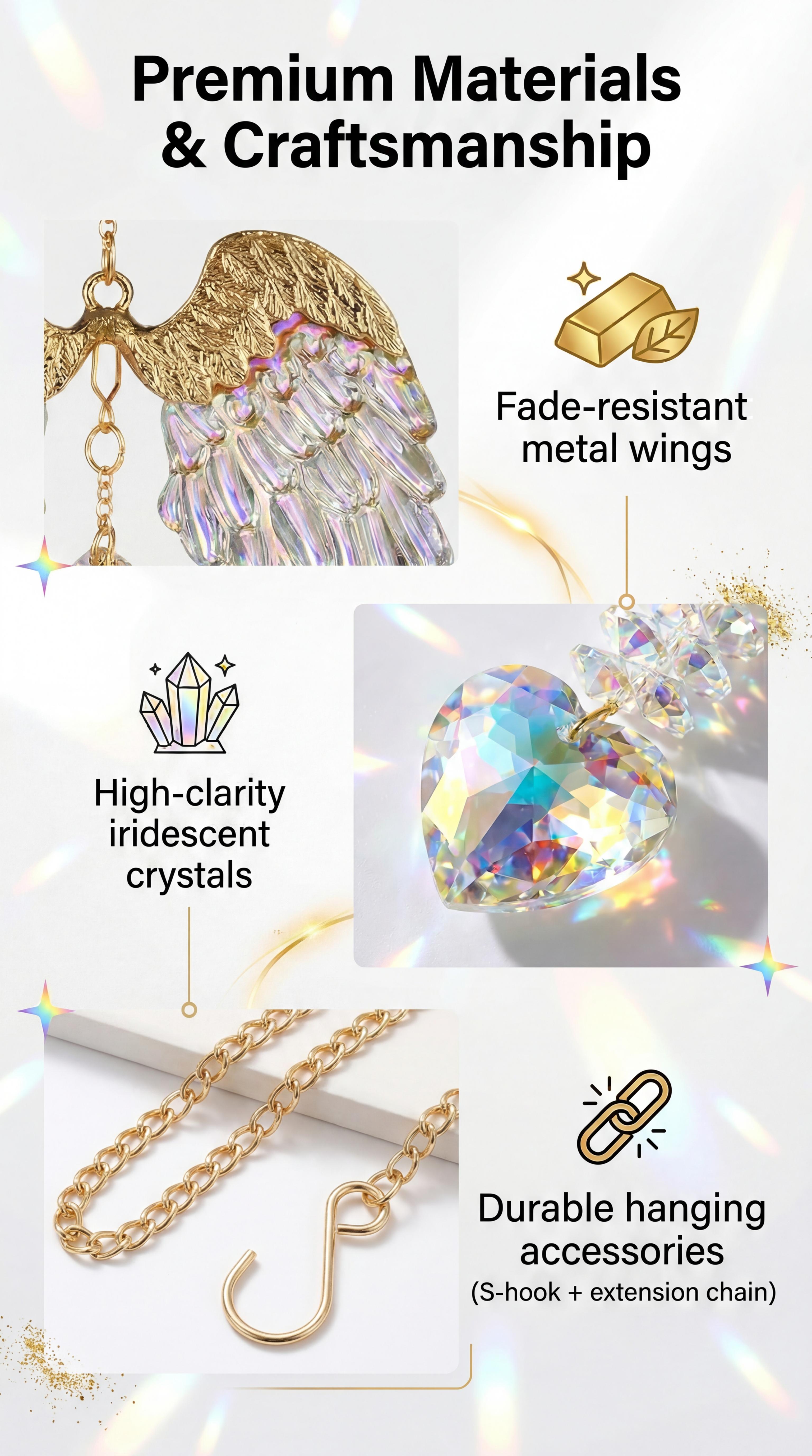 Angel Wing Crystal Sun Catcher 4 Styles - Hanging Rainbow Maker with Heart & Bell for Home Decor , Handmade Crystal Prism Rainbow Maker for Window & Garden  , Crystal Hanging Ornament Gift for Mom & Friends glass christian art office wall  gardening