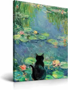 Black Cat Framed Wall Art 12x16in Claude Monet Waterlily Cat Canvas Print Funny Animal Poster for Home Living Room Kid Bedroom Bathroom Set of