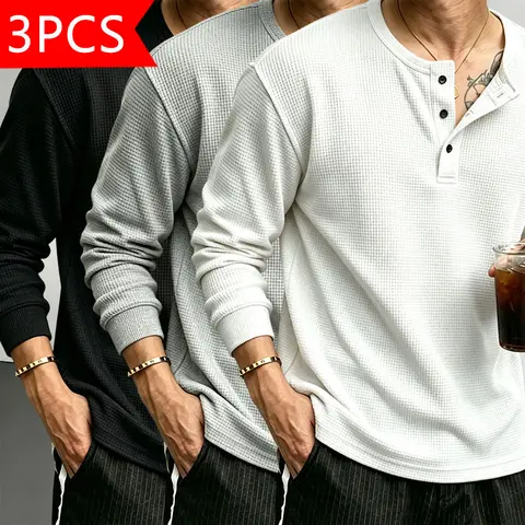 Men’s Classic Preppy Retro Waffle-Knit Henley Top, Polyester Clothes - Short-Sleeve, Small Stand Collar, Half-Button Placket, Breathable Textured Knit, Relaxed Drop-Shoulder Casual Fit, Solid Streetwear Basic for Daily Wear, Henley Tops