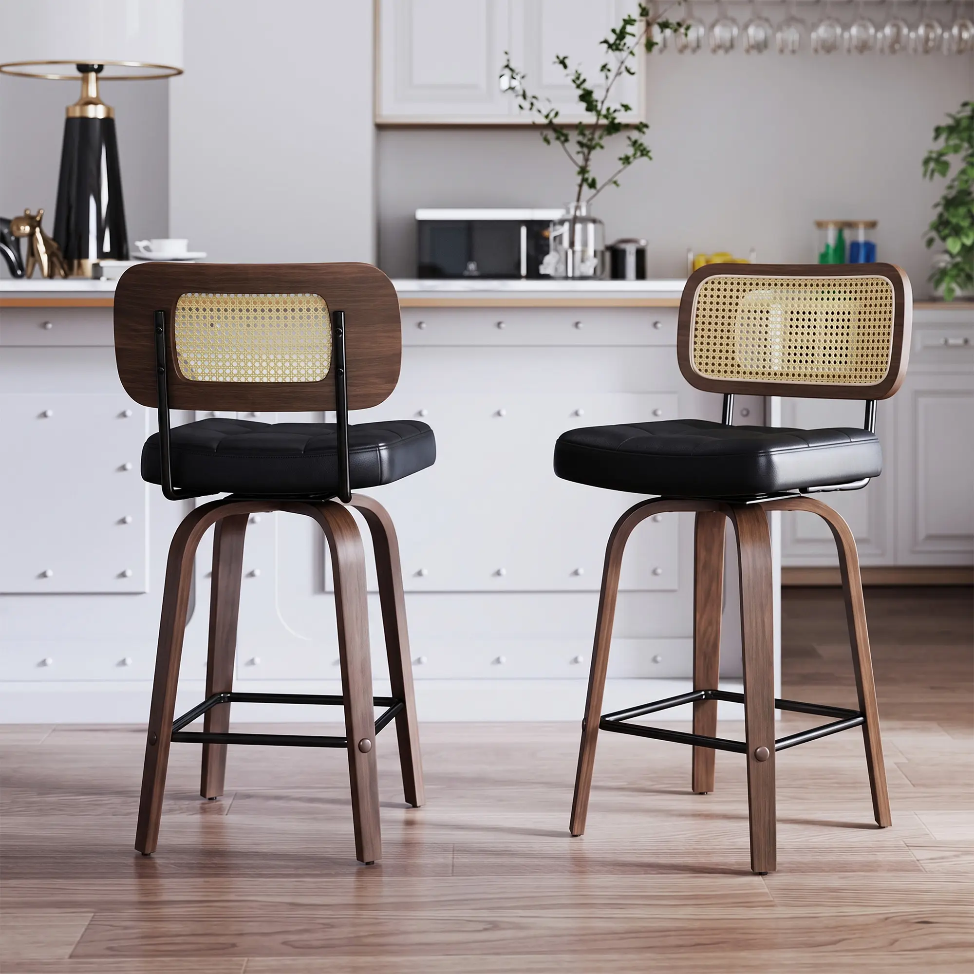 26-in Modern Swivel Seat Counter Height Barstools - PU Leather, Rattan Back, Bentwood Fixed Frame, Indoor Kitchen Dining Chairs for Stylish Spaces