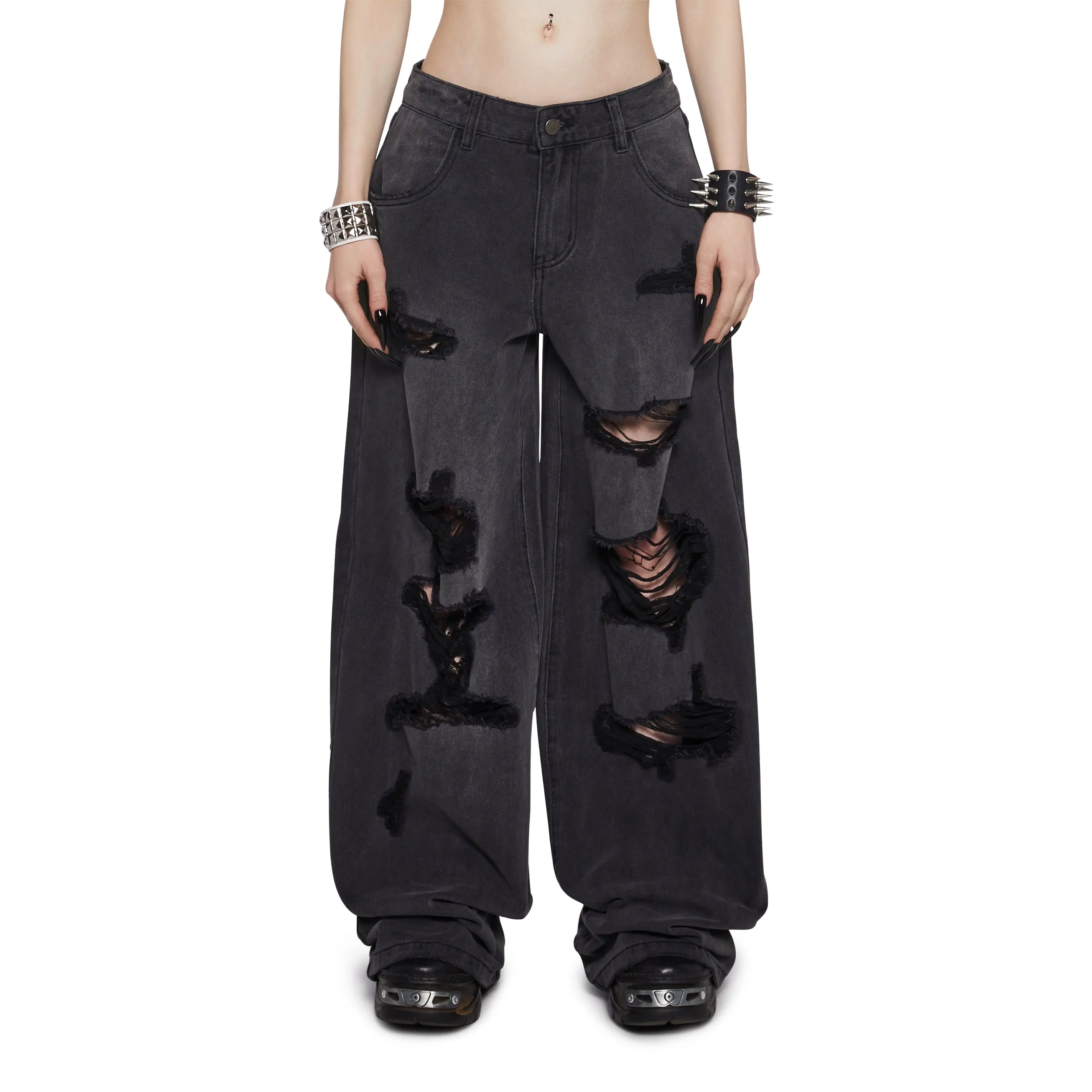 Sinful Attitude Wide Leg Jeans - Distressed Grey