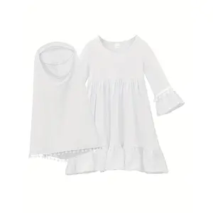 Elegant Youngsters' Spring & Autumn Muslim Traditional Middle Eastern Attire Set - Long Sleeve Solid Color Jumpsuit + Hijab Two-Piece Outfit, for Outdoor