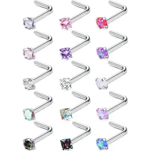 Low sensitivity nose ring 15count 18G 20G surgical stainless steel nose ring screw L-shaped screw ring cubic zirconia nose ring lip corner pungent jewelry for men and women
