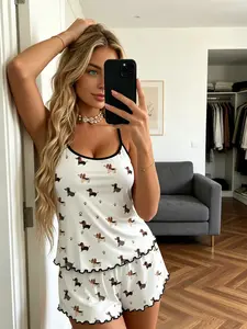 Boho Style White Dachshund Paw Print Pajama Set - Soft Ruffled Hem Cami Loungewear for Women, Cute Wiener Dog Pattern Summer Sleepwear, Spaghetti Strap with Contrast Trim, Breathable Two-Piece PJs
