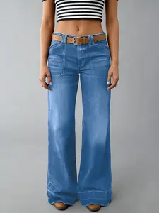 Women's High-Waist Dual Square Patch Pocket Bootcut Jeans - Womenswear Bottoms with Multi-Color Whisker Wash, Floor-Length Flare Denim, Western Retro Streetwear Style, Bottom