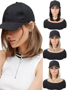 Light Short Straight Bob Wig with Hat, Adjustable Baseball Cap, Synthetic Hair Extensions for Women & Girls, Synthetic Material Wigs