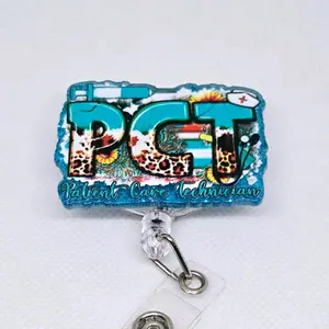 PCT Patient Care Technician Western Print Blue Glitter Acrylic Retractable Badge ID Reel Belt or Alligator Clip identification supply hospital worker