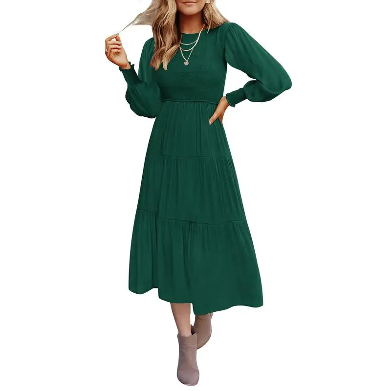 ZESICA 2026 Women's Casual Midi Dress - Longsleeves Smocked Round Neck Minimalist A-Line Tiered Dress, Cute Comfy Winter Casual Wear, Halloween Party Outfit