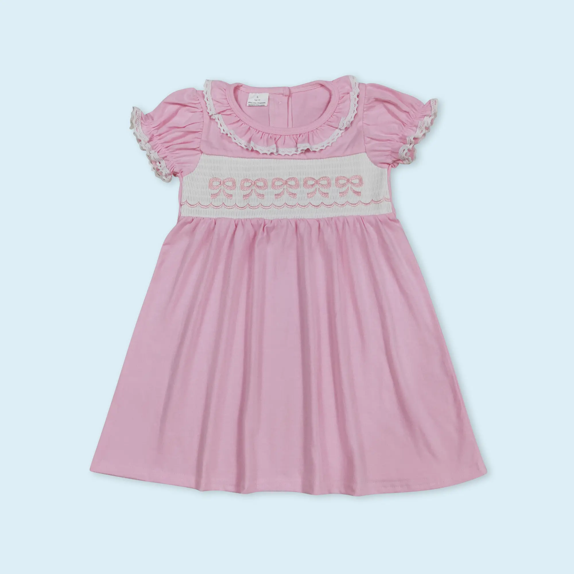 Embroidery pink bow girls summer dress Embroidery pink bow girls summer dress