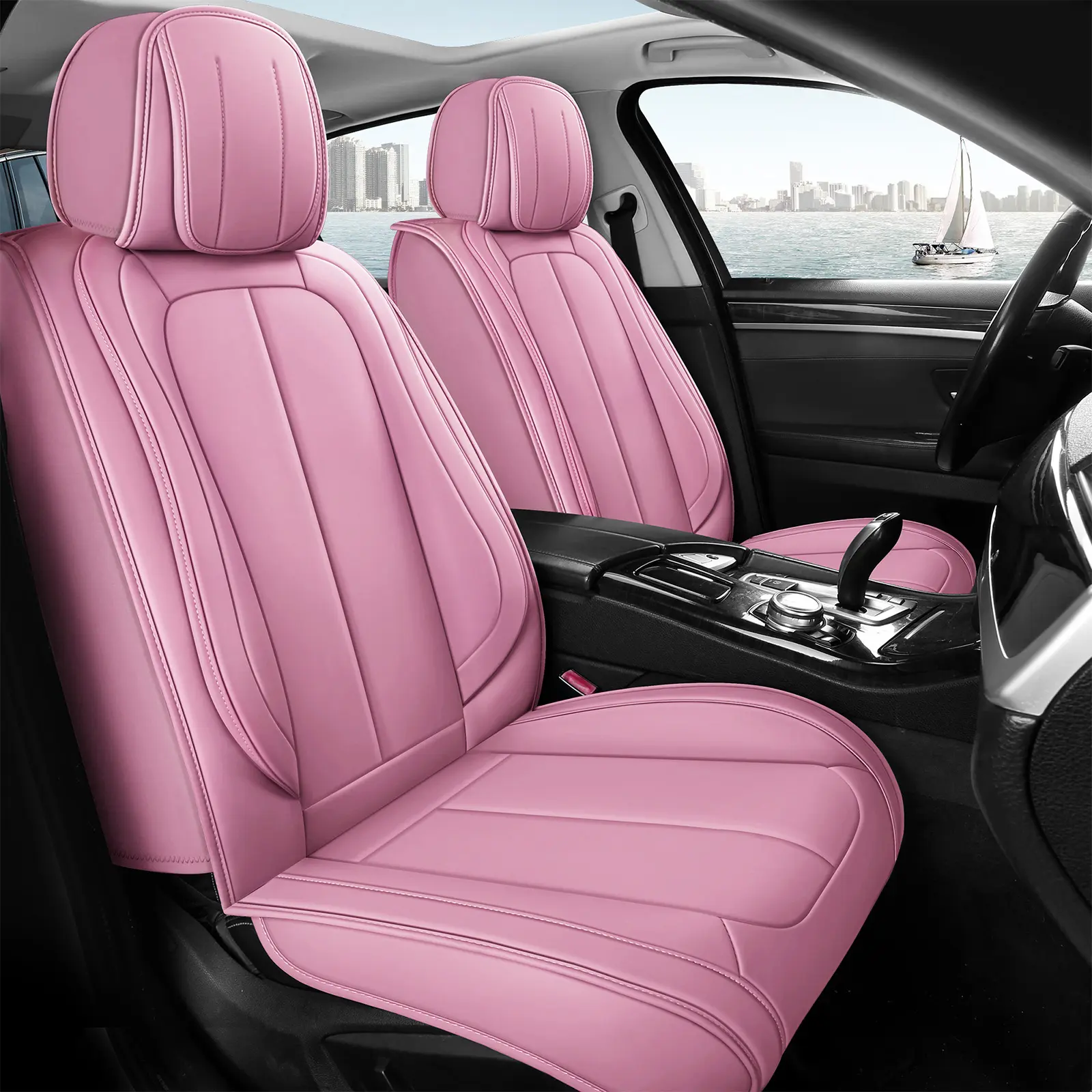 OTOEZ 5PCS Universal Macaron Nappa Leather Full Car Seat Covers - Waterproof, Wear-Resistant, Adjustable Size, Easy Install, Girly Look Luxury Pink Car Accessories for Pet & Child Use