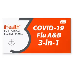 iHealth COVID-19 Flu A&B 3-in-1 Antigen Rapid Test Kit FDA Authorized OTC Home Test with Non-invasive Nasal Swab Results in 15 Minutes,1pack,2tests