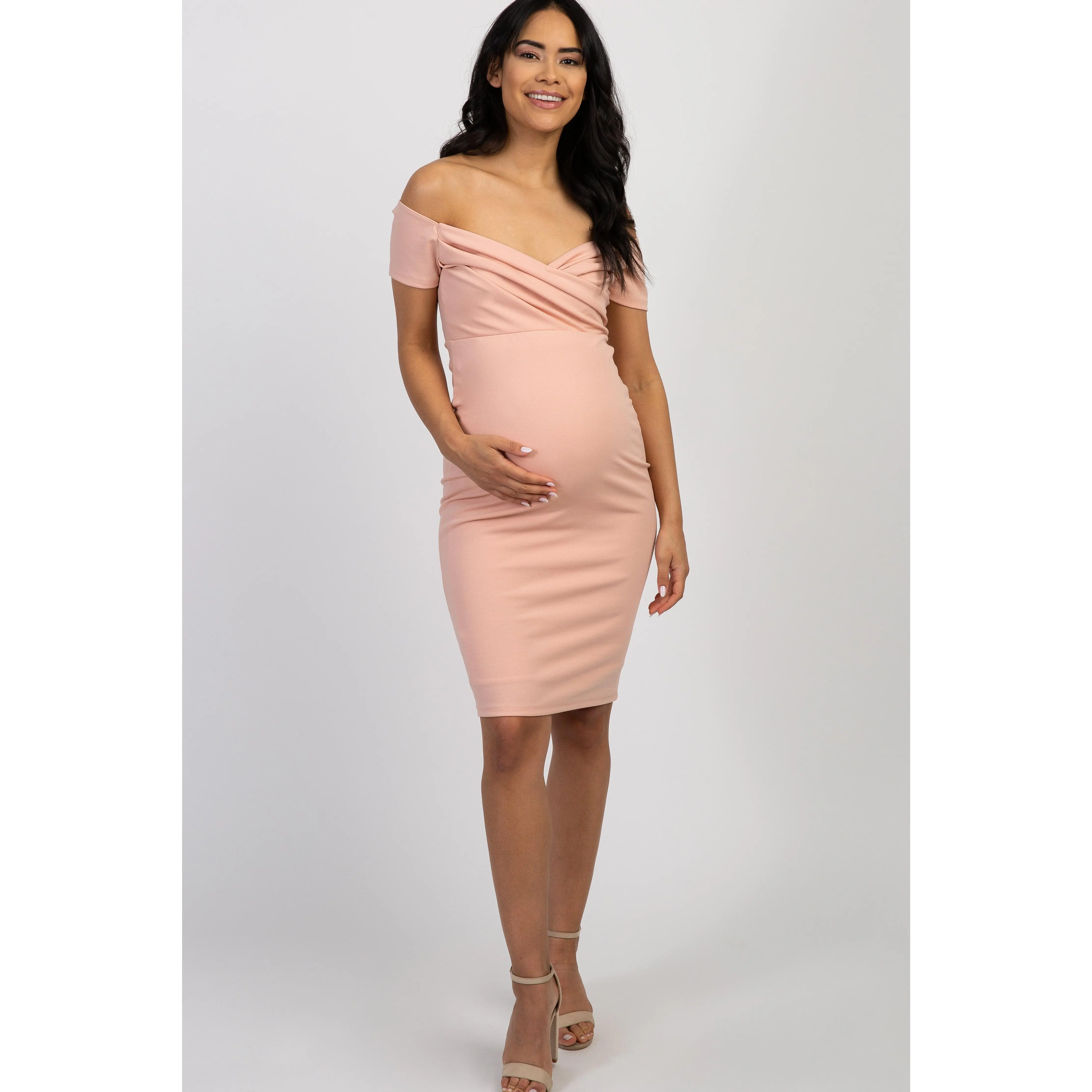 PinkBlush Light Pink Solid Off Shoulder Maternity Fitted Dress, Pregnancy Clothes, Maternityclothes, Dress The Bump, Short Sleeves