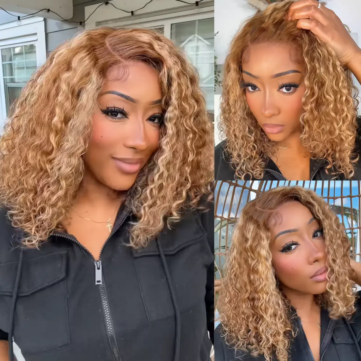 [Side Part]UNice 250% Honey Blonde Highlights Curly Bob Wigs No Slip Glueless 7x5 Lace Closure Human Hair Wigs with Drawstring Shoulder-length for Summer Natural Hairline summer wig