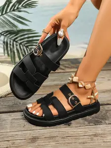 44 size women's summer solid color flat bottomed beach sandals, fashionable H-shaped thick soled slippers, breathable and comfortable for casual outdoor wear, super versatile summer items, Footwear