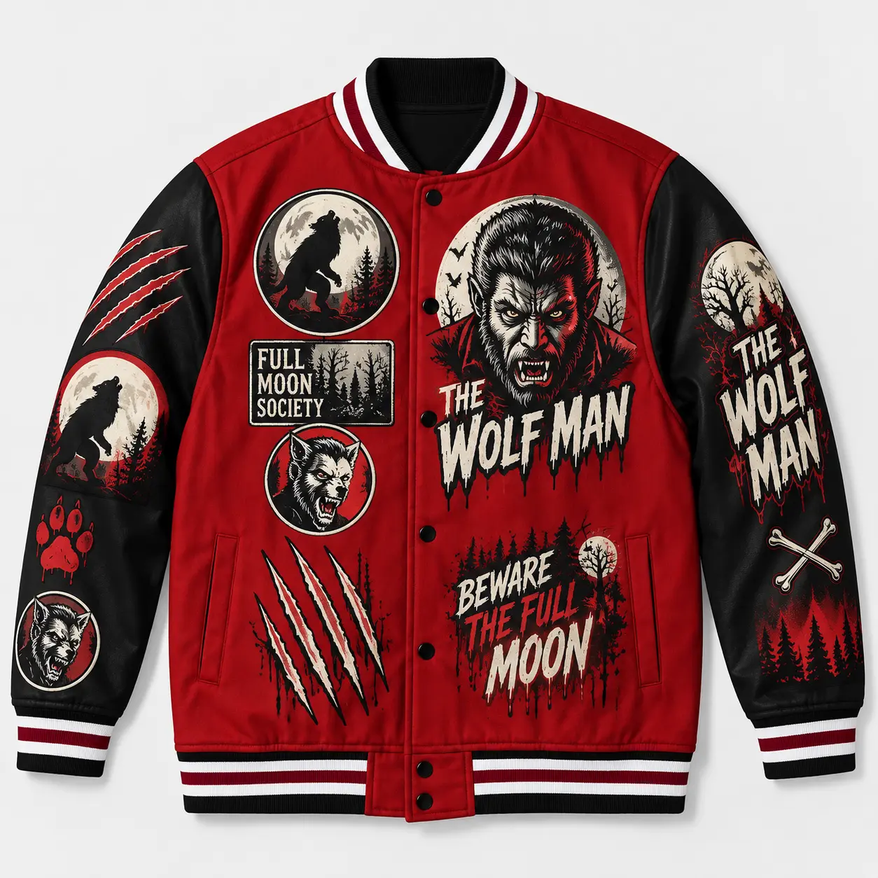 The Wolf Man Varsity DIEUAI Jacket, All-Over Printed Graphic Werewolf Classic Horror Apparel