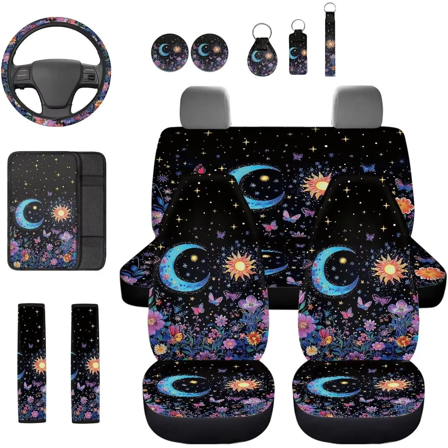 Gothic Moon 13 Pack Car Seat Covers Full Set with Steering Wheel Accessories Car Seat Belt Cover Arm Rest Cover Car Cup Coasters Universal Fit for Most Cars,SUVs