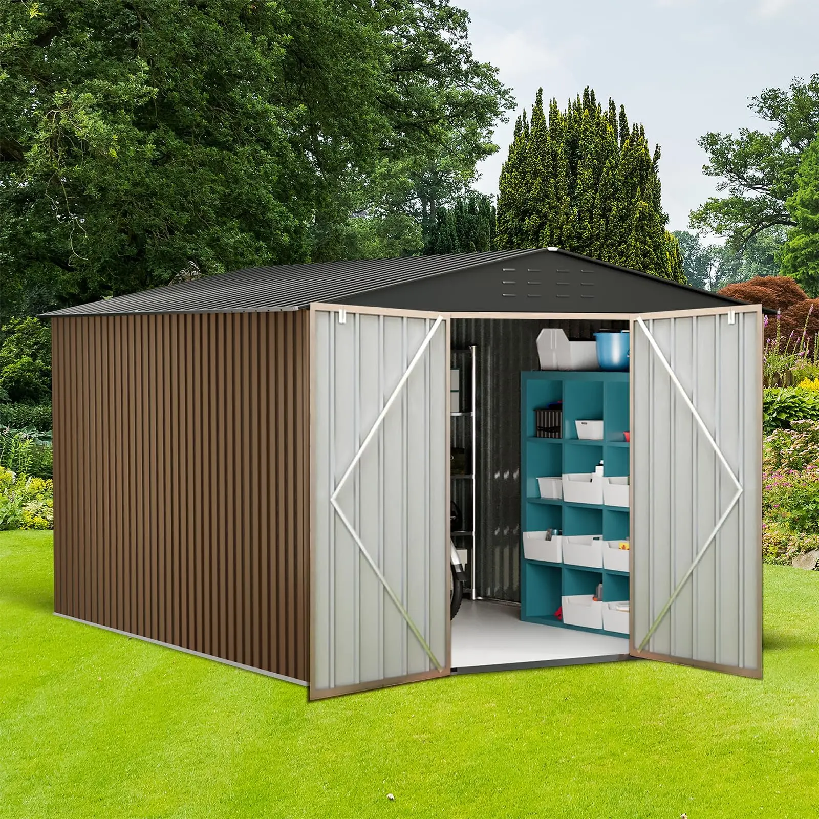 GARVEE 10X12x8 FT Outdoor Steel Storage Shed with Lockable Doors, Garden Sheds with Weather-Resistant and Moisture-Resistant, Ideal for Patio Lawn Backyard Outside Use, Brown