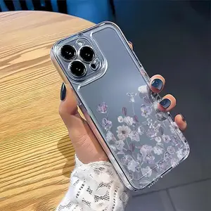 Lilac Purple Flower Pattern Case for iPhone17 Pro Max, Air 16 15 14 Pro Max 13 12 11 XR XS Plus Non-Yellowing Clear Crystal Drop-proof slim Silicone Cover