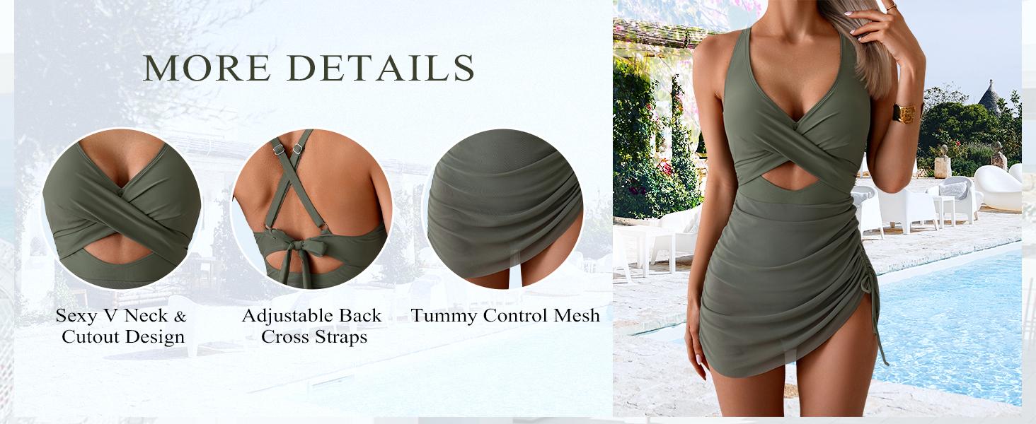 B2prity Women Mesh One Piece Swimdress Swimsuit Tummy Control V Neck Cutout Bathing Suit Wrap Drawstring Sarong Swimwear Deals for You Days