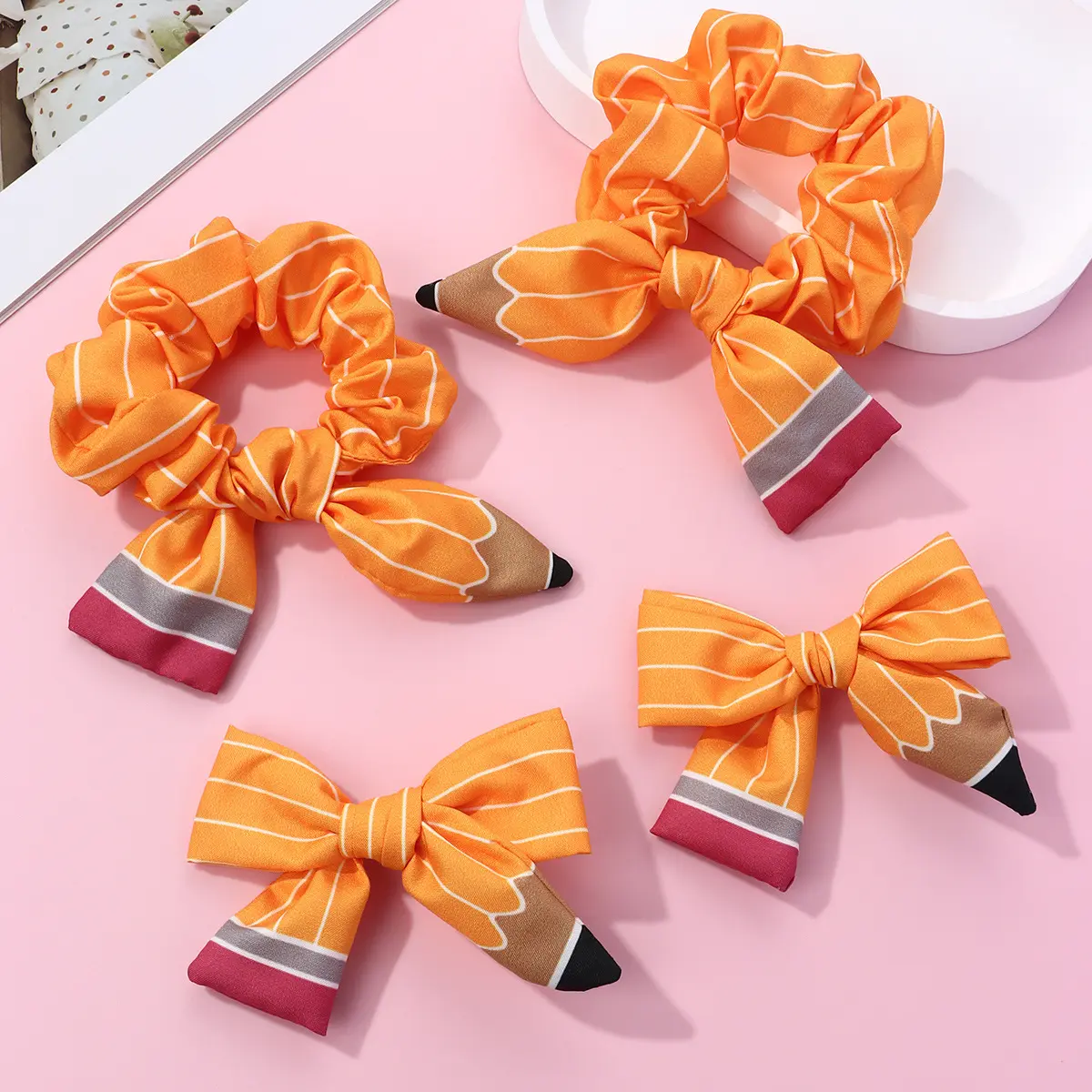 Back to School Pencil Hair Accessories Set - Cute Bow Hair Clips, Scrunchies, Knotted Headband, Lightweight Classroom-Inspired Decor for Students, School Events & Everyday Wear