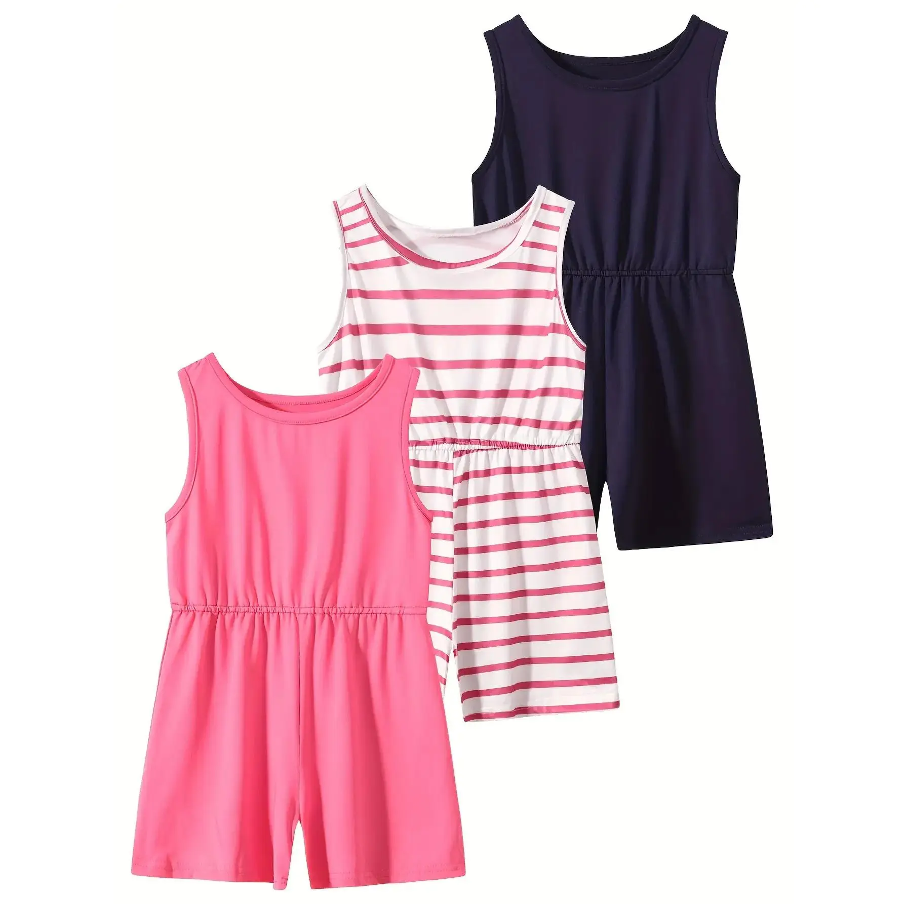 #SummerVibes 3-piece girls summer vest jumpsuit 4-12 years old solid color striped comfortable fashion Joker girls jumpsuit. Cute Sets Clothes Kids