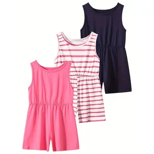 3-piece girls summer vest jumpsuit 4-12 years old solid color striped comfortable fashion Joker girls jumpsuit.