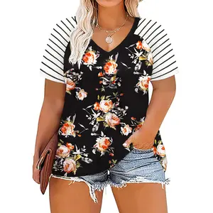 DOLNINE Women's-Plus-Size-Tops V Neck Striped Raglan T Shirts Summer Short Sleeve Tee oversized tshirt women VPS0106