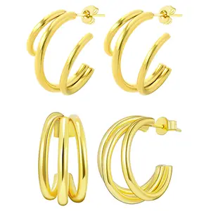 OIDEA 2 Pairs Gold Tone Geometric Multi-Layer Hoop Earrings Set for Women, Stainless Steel Open 3D Hollow French Statement Hoops